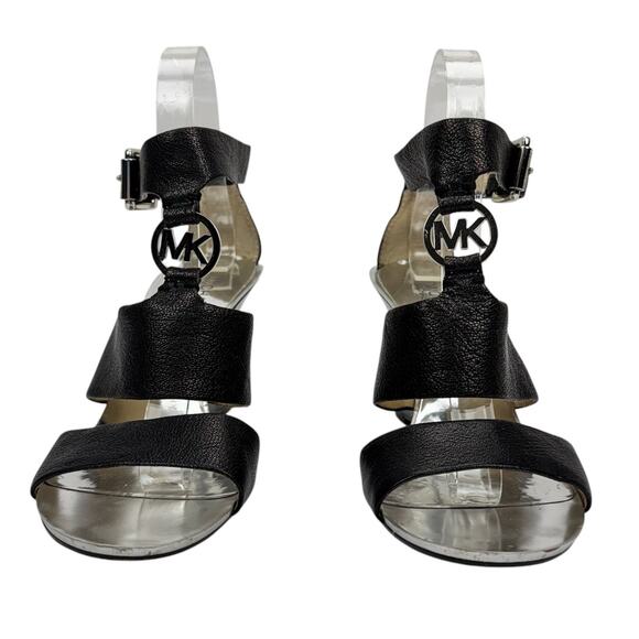 Michael Michael Kors Logo Black Leather Metallic Strappy Wedge Sandals Sz 7.5M - Picture 3 of 16